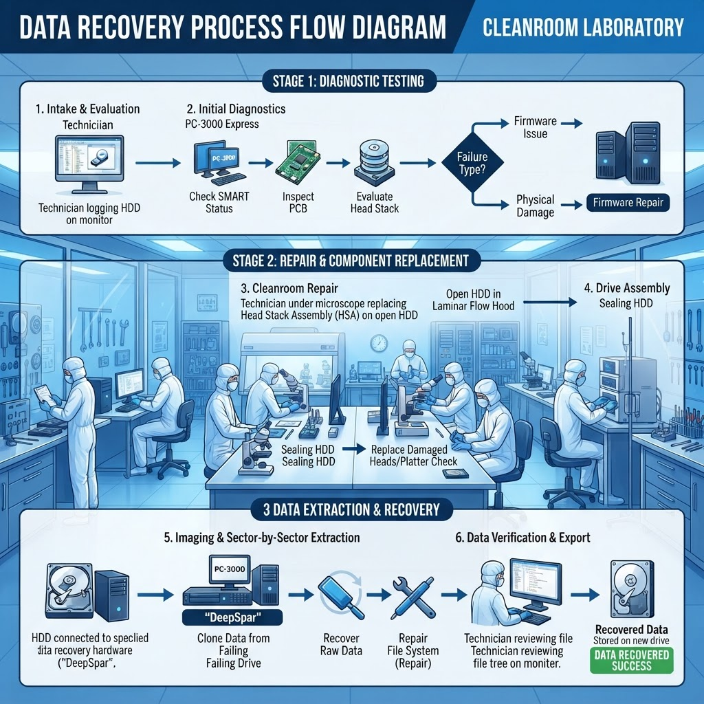 Data recovery process flow showing diagnostic testing, repair, and data extraction steps in professional laboratory environment